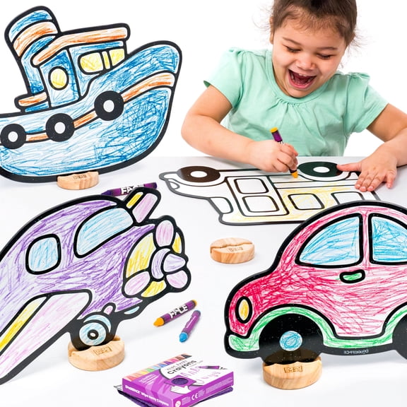 Transportation Toy Set for Kids: Color, Play, Wipe Away with Crayons and Eraser. Educational Reusable Coloring Toy with Airplane, Boat, Car, School Bus.