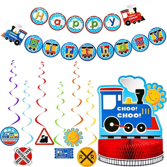 Transportation Train Birthday Party Decorations Kit, Happy Birthday Banner Honeycomb Centerpieces 6 Hanging Swirls Garland, Railroad Steam Train Party Supplies for Baby Shower Kids