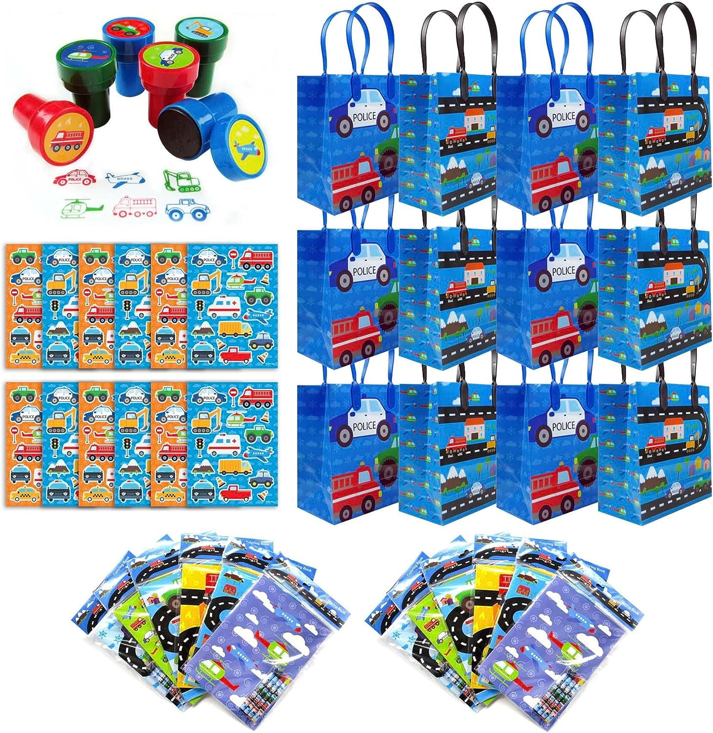 Transportation Vehicles Airplanes Cars Trains Birthday Party Assortment Favor Set of 108 pcs (12 Large Party Favor Treat Bags with Handles, 24 Self-Ink Stamps for Kids, 12 Sticker Sheets, 12 Coloring