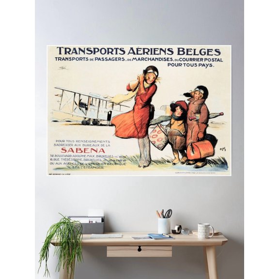 Transports Aeriens Belges Sabena Airline Vintage Travel Poster Wall Art, Modern Wall Decor For Living Room Bedroom, 12x18 UNFRAMED