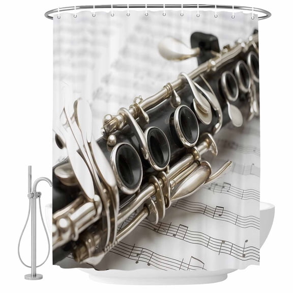 Transverse Flute Bathroom Shower Curtains with Hooks, Classical Symphony Instrumentation Music Score Waterproof Fabric Washable Shower Curtain for Home Hotel Bathtub Decor 36x72 Inch