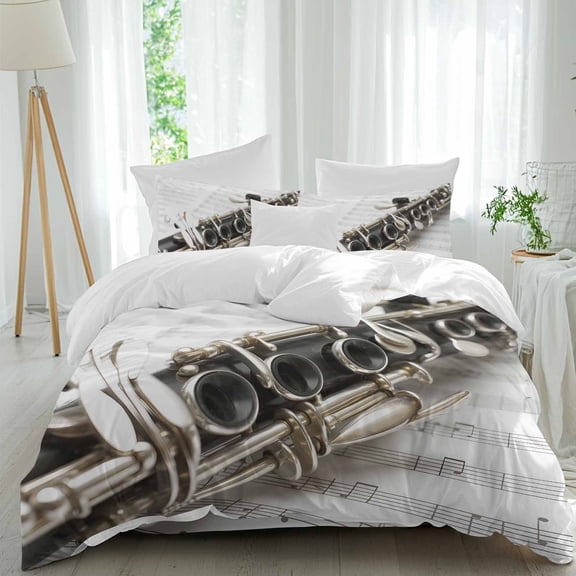 Transverse Flute Duvet Cover Set Twin Size, Classical Symphony Instrumentation Music Score 4 Piece Bedding Set with Zipper Closure & Corner Ties Soft Breathable Comforter Cover for Bedroom