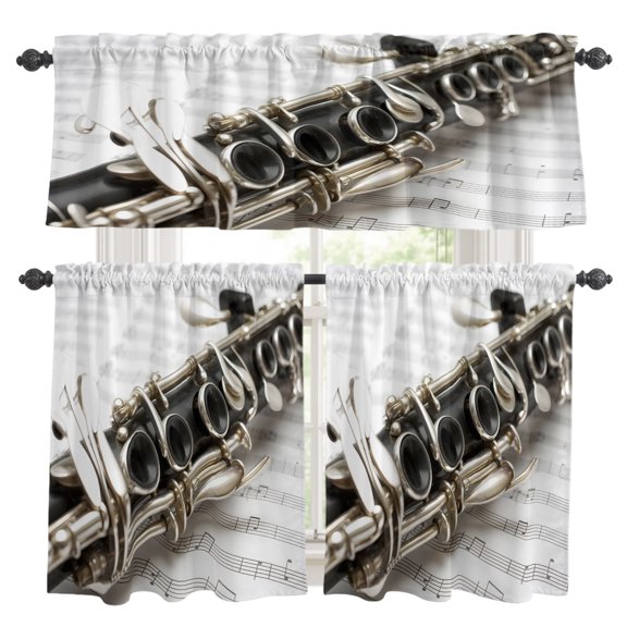 Transverse Flute Kitchen Curtains and Valances Set, Classical Symphony Instrumentation Music Score 3 Piece Curtains Valances and Tiers Set Rod Pocket for Kitchen Bathroom Windows 24 Inch