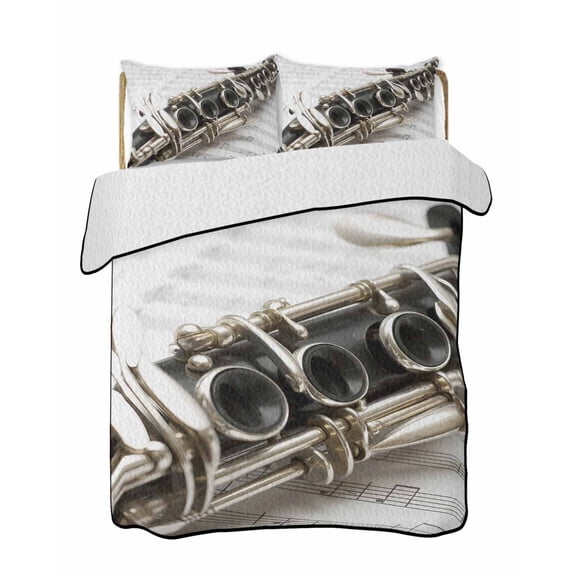 Transverse Flute Quilts Bedding Set Twin Size Classical Symphony Instrumentation Music Score Lightweight Quilted Bedspread 3 Piece Bed Quilt with 2 Pillow Shams All Season for Bedroom 68" x 86"
