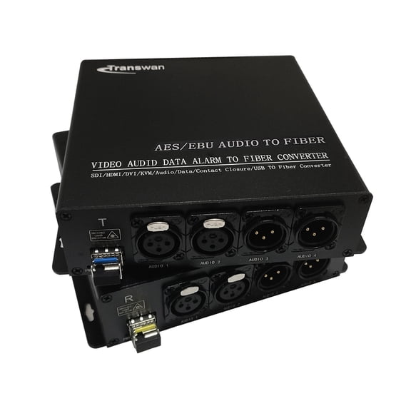 Transwan 4 Ch AES/EBU Balanced Audio Over Optic Fiber Extender to 1 Singlemode Fiber 20Km or 1 Multimode Fiber 500 Meters, Compliance with AES3-1992