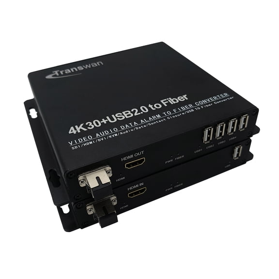 Transwan Ultra HD/4K HDMI Over 1 Fiber Extension System with 4 Ports USB 2.0, 4K HDMI & USB 2.0 KVM Over Fiber Extender to 5 Kilometers, 10.2 Gbps Uncompressed HDMI Signal Over Fiber.