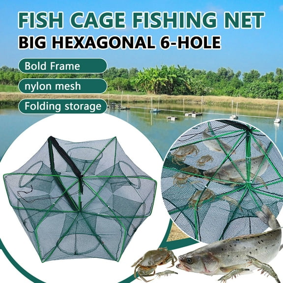 Trap 27In with Foldable Fishing Net & Collapsible Fish Bucket - Crab, Crawfish, Shrimp Trap for Freshwater Saltwater Fishing(6 Holes) A