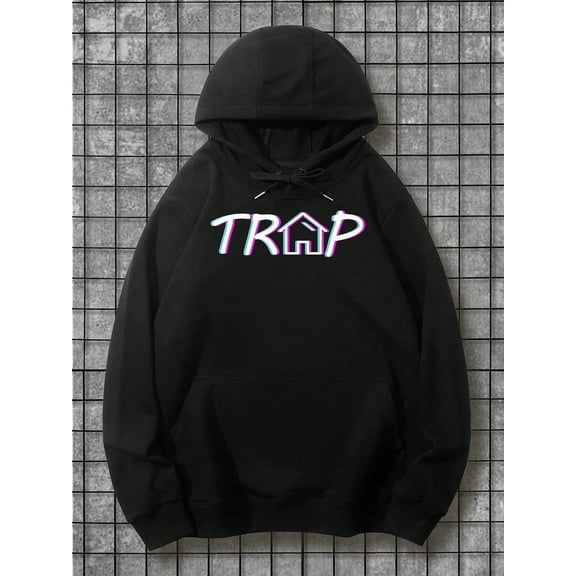 Trap House Music Graphic Hoodie - Black With Neon Pink TRAP Lettering, Ultra Soft Breathable Sweatshirt For Men & Women, All-Season Streetwear Pullover With Front Pocket - Urban Fashion Hooded Sweats