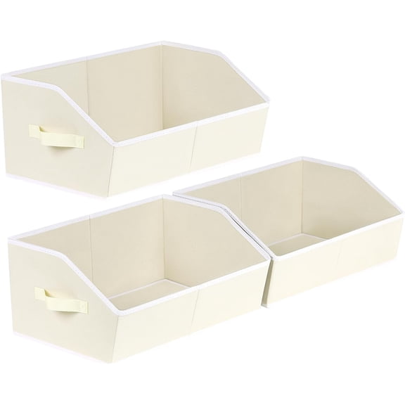 Trapezoid Closet Shelf Organizer - Large Baskets for Organizing, Fabric Storage Box for Shelves, Cube Storage Bins for Clothes, Books, Blankets, 3 Pack, Beige