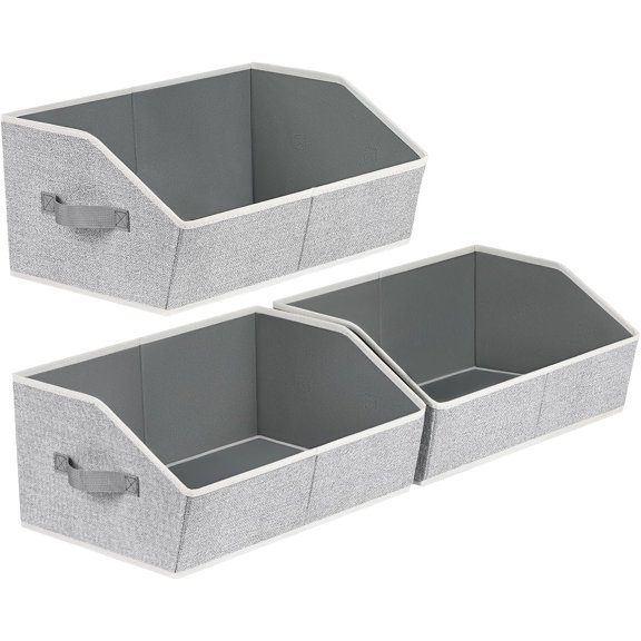 Trapezoid Closet Shelf Organizer - Large Baskets for Organizing, Fabric Storage Box for Shelves, Cube Storage Bins for Clothes, Books, Blankets, 3 Pack, Light Gray
