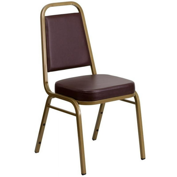 Trapezoidal Back Stacking Banquet Chair with Thick Padded Brown Vinyl Seat and Gold Metal Frame - Restaurant Banquet Metal Chair.
