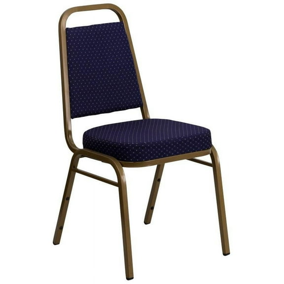 Trapezoidal Back Stacking Banquet Chair with Thick Padded Navy Patterned Fabric Seat and Gold Metal Frame - Restaurant Banquet Metal Chair