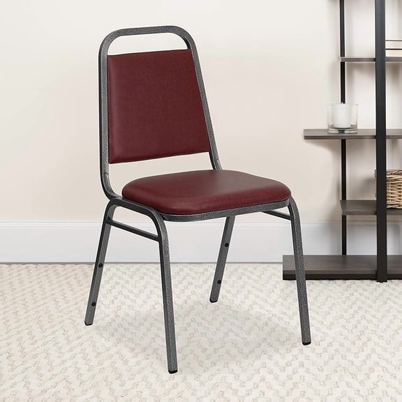 Trapezoidal Back Vinyl Stackable Banquet Chair, Multipurpose Stacking Chair with Padded Seat and Back, Burgundy/Silver