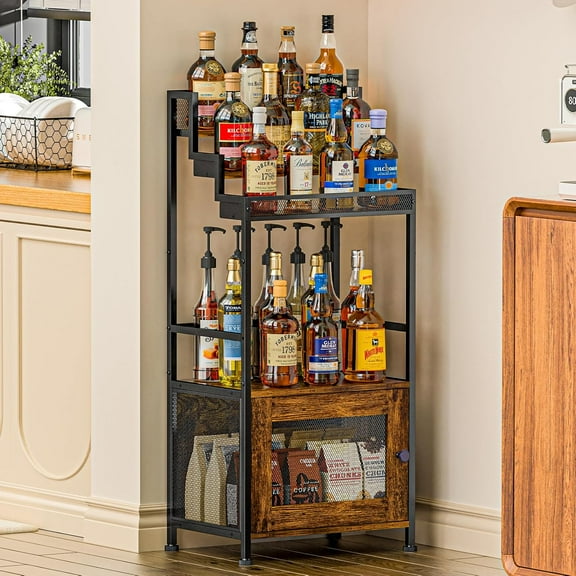 Large-Capacity Freestanding Liquor Stand - Tiered Wine Rack, Stepped Mesh-Door Corner Cabinet