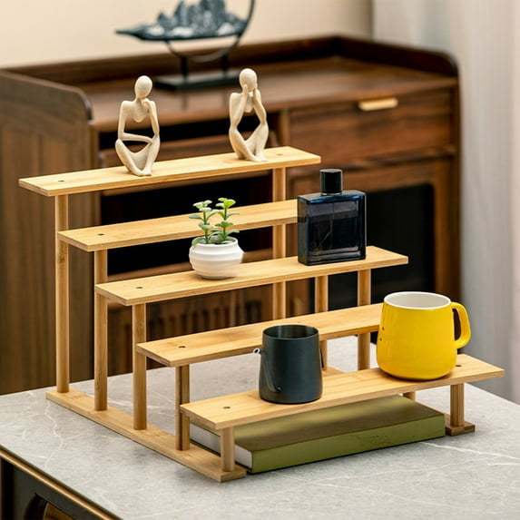 Trapezoidal Wood Display Rack | Multi Layer Stand & Figurine Shelf | Indoor Balcony Storage Organizer | Brown Wooden Shelving Unit | 1 Piece