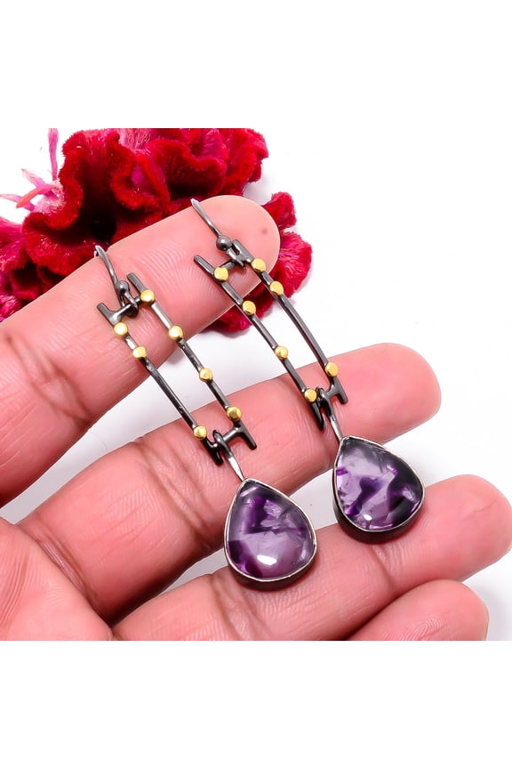 Trapiche Amethyst 925 Sterling Silver Black & Gold Rhodium Earring 2.42 Sku5, Handmade Jewelry, Dangle Earring
