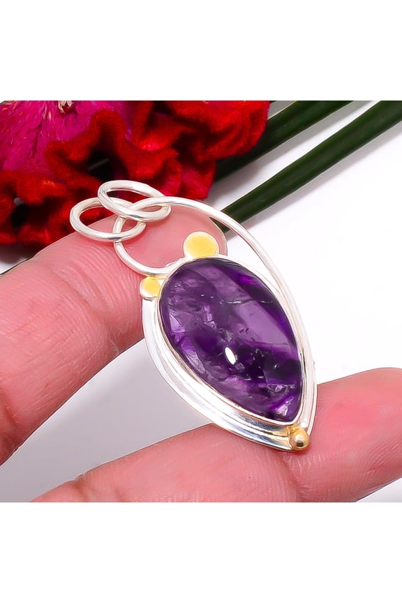 Trapiche Amethyst 925 Sterling Silver Two Tone Pendant 1.76" Sk12 Christmas Gift