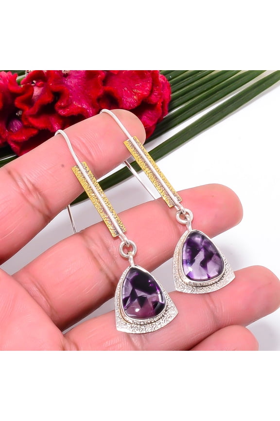 Trapiche Amethyst - Brazil 925 Sterling Silver Two Tone Earring 2.54" Sku29, Handmade Jewelry, Dangle Earring
