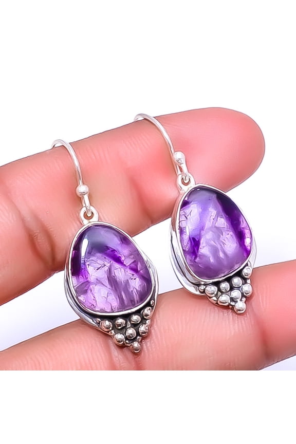 Trapiche Amethyst Designer 925 Silver Handmade Earring 1.56", Christmas Gift, Handmade Jewelry, Dangle Earring