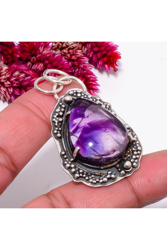 Trapiche Amethyst Oxidised 925 Sterling Silver Pendant 1.95" Sk52 Christmas Gift