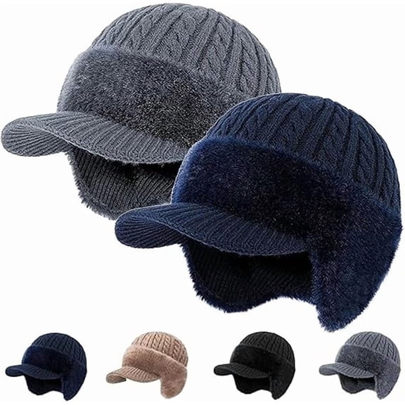 Trapper Blocking Knitted Hats Winter Cozy Head Beanie Hats with Brim and Ear Flaps Stocking Caps(2pcs-2)