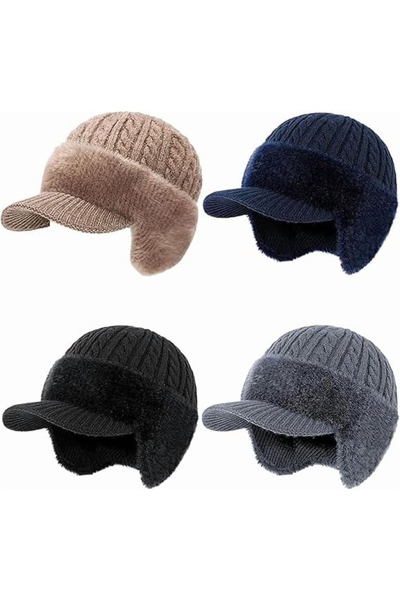 Trapper Blocking Knitted Hats Winter Cozy Head Beanie Hats with Brim and Ear Flaps Stocking Caps(4pcs)