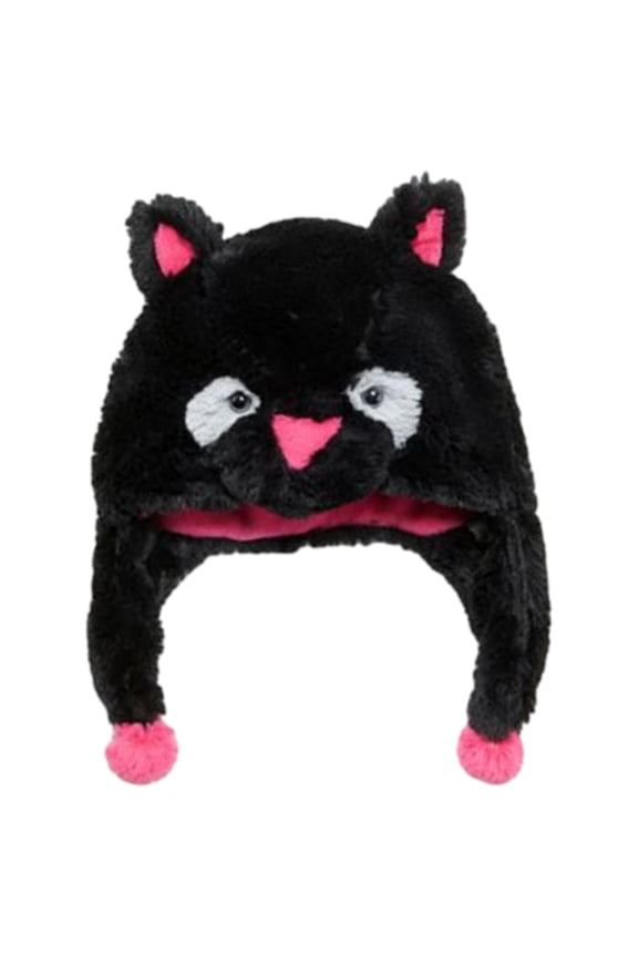 Trapper Girls Fluffy Plush Black Kitty Cat Hat With Ear Flaps
