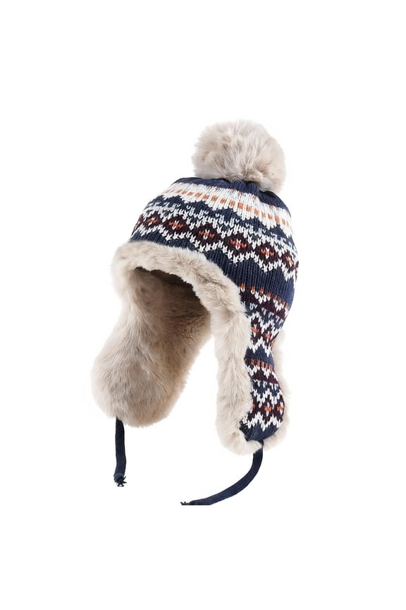 Trapper Hat for Men Wool Womens Ear Muffs With Ear Flaps Trooper Hunting Faux Fur Windproof Women's Hats & Caps Navy