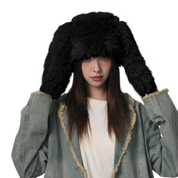 Trapper Hats for Women Fashion Ladies Winter Hat Long Ear Hat Cozy Thick Plush Warm Windproof Ear Pure Color Lightweight Unisex Cosplay Cap Black Black