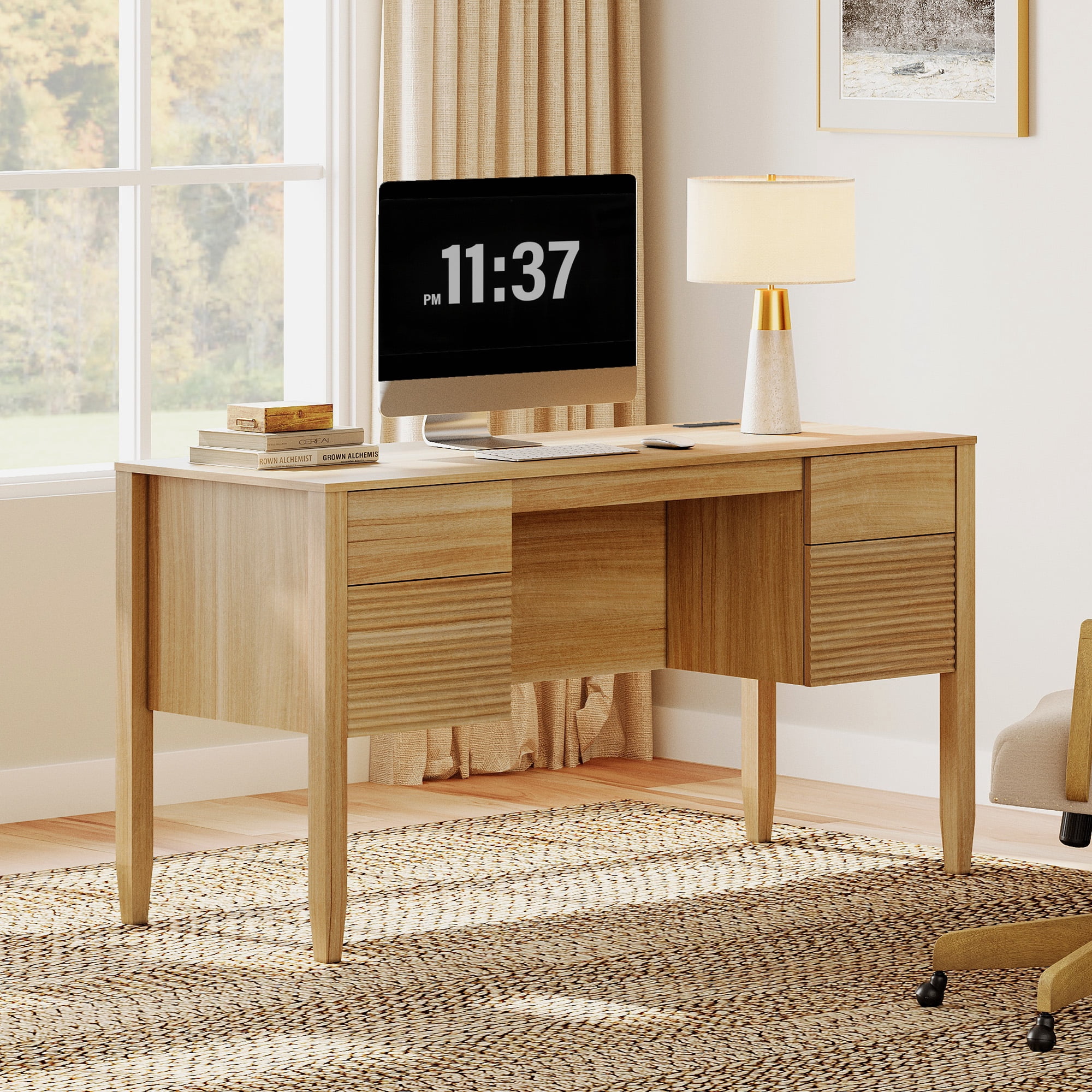 58Inch Fluted Executive Desk with Power Outlet and Doors, Modern Computer Writing Desks with Rear Storage Compartment Design, Home Office Desk with Drawers For Work And Study