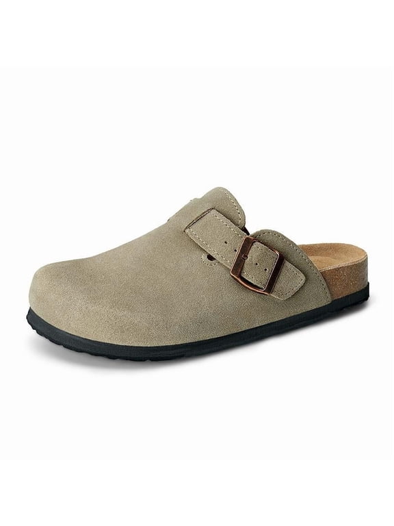 Men's Genuine Leather Clogs with Cork Footbed & Arch Support, Breathable Slip-On Leather Mules with Adjustable Buckle, Round Toe Non-Slip Walking Shoes