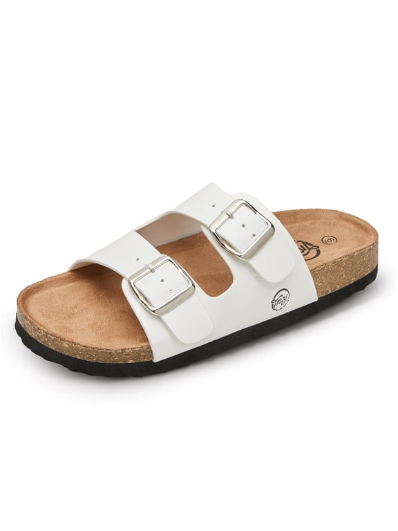 Women's Cork Footbed Sandals with Arch Support, Adjustable Double Buckle Slip-On Slides, Open Toe Flat Sandals with PU Upper for Summer