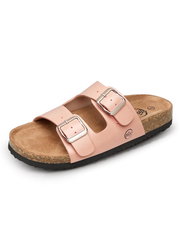 Women's Cork Footbed Sandals with Arch Support, Adjustable Double Buckle Slip-On Slides, Open Toe Flat Sandals with PU Upper for Summer