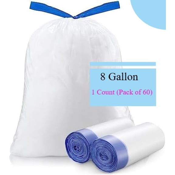 Trash Bag 8 Gallon Medium Drawstring Garbage Bags for 8 Gallon Trash Cans, Kitchen Bedroom Bathroom Living room Office Restaurant Thickened Stretchy (60 Count)