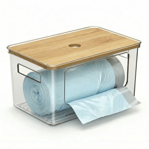 Trash Bag Dispenser, Bamboo Top Stackable Design, Extra Large Garbage Bag Holder & Storage Solution for Kitchen, Pantry and Laundry Room