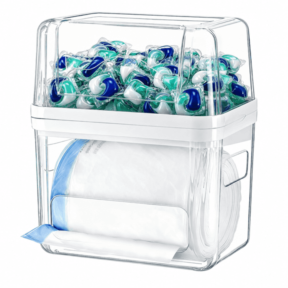 Sentryse Acrylic Trash Bag Dispenser and Pod Organizer, 3-in-1 Under Sink Storage for Trash Bags, Laundry Pods and Dishwasher Pods, Clear Kitchen Cabinet Organizer Bins