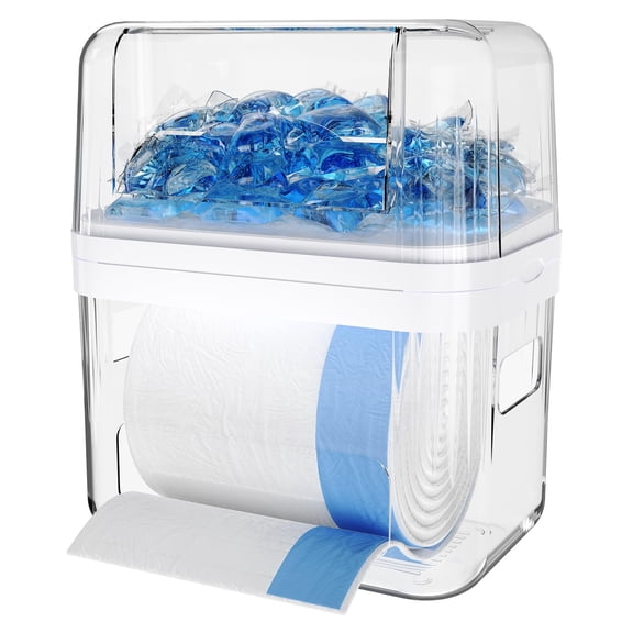 Trash Bag Dispenser & Dishwasher Pods Container, 3 in 1 Clear Acrylic Garbage Bags Holder Under Sink Organizer Laundry Pods Dishwasher Tabs Storage Box for Laundry Room and Kitchen Cabinet