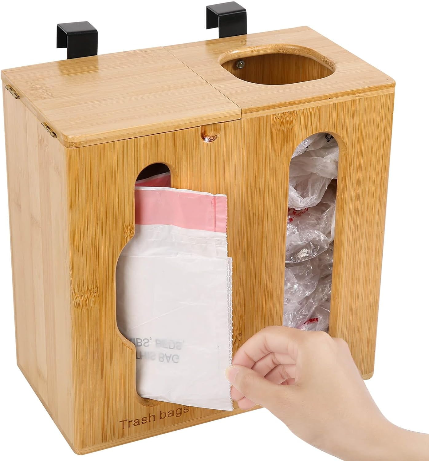 Bamboo 2-in-1 Trash Bag & Grocery Bag Dispenser – Wall Mounted Kitchen Organizer, Black