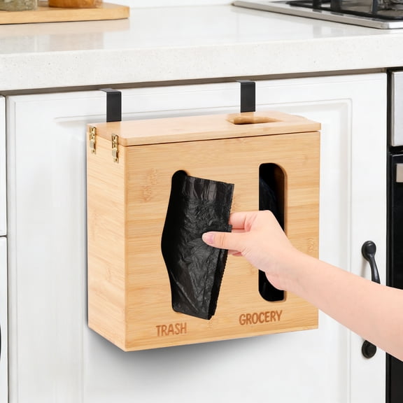 Trash Bag Dispenser & Grocery Bag Organizer, 2 in 1 Bamboo Garbage Bags Storage Box for Cabinet Door, Under Sink, or Wall Mounting