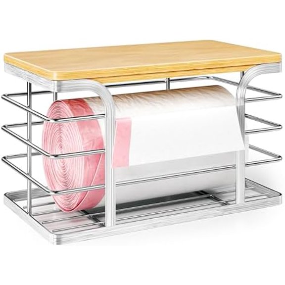 Trash Bag Holder with Bamboo Top, Wall Mount 304 Stainless Steel Garbage Bag Dispenser,Stackable Storage Suitable for Garbage Bags of 100 Rolls under 13 Gallons,Silver Small