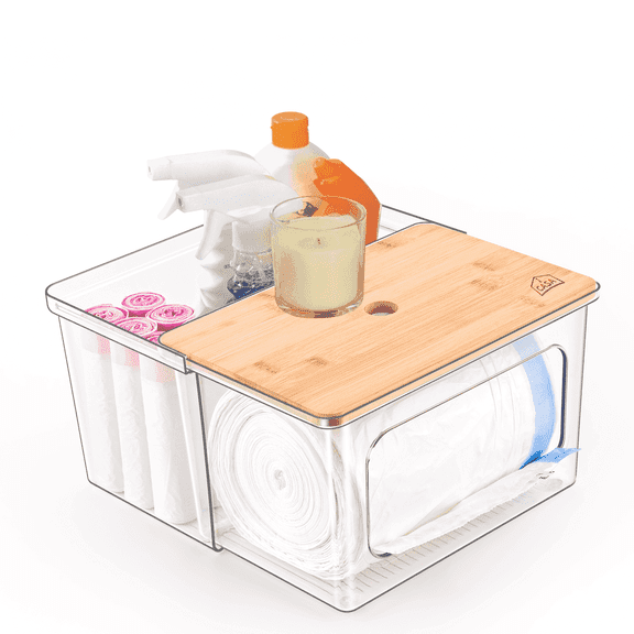 iCASA 2 in 1 Trash Bag Organizer Plastic Garbage Bags Container With Bamboo Lid for Laundry Room Organization Kitchen Cabinet Home Decor