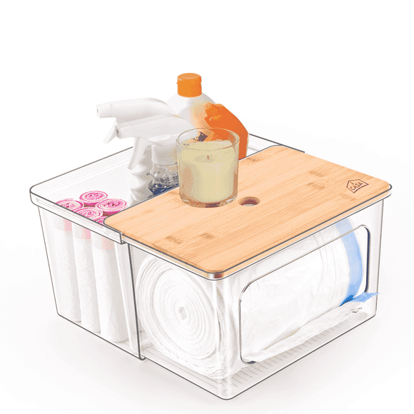 iCASA 2 in 1 Trash Bag Organizer Plastic Garbage Bags Container With Bamboo Lid for Laundry Room Organization Kitchen Cabinet Home Decor