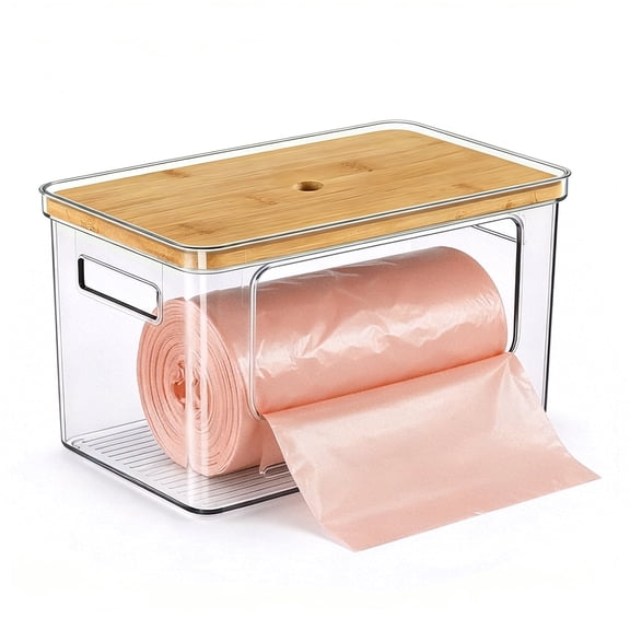 Trash Bag Holder with Bamboo Lid, Stackable Storage for Laundry Room Organization, Extra Large Garbage Bag Dispenser, Under Sink Pantry Organizer