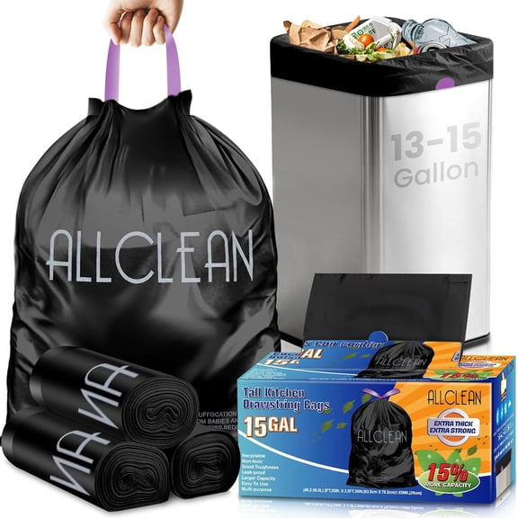 Trash Bags 15 Gallon Tall Kitchen Drawstring Garbage Bags,Fit 13-15 Gal Bins,Extra Strong&Leak-Proof,Unscented&Recyclable Can Liners for Home Office Industrial Bathroom Garden Lawn(Black)
