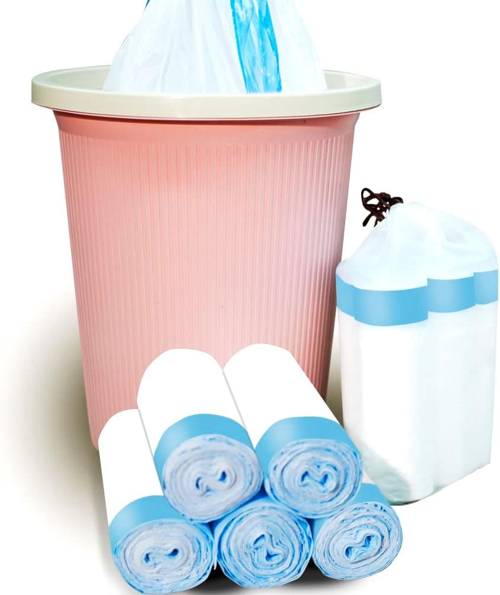 Trash Bags 3.2 Gallon, 100 Pcs Bathroom Garbage Bags, Blue Strap Kitchen Garbage Bags(White) With Drawstring Quickly Pack Garbage, Waste Basket Liners