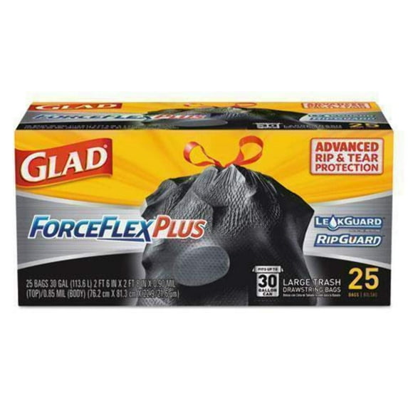 Glad Trash Bags Coreless Drawstring - 30 Gal, 1.05 Mil - Pack of 25, Black