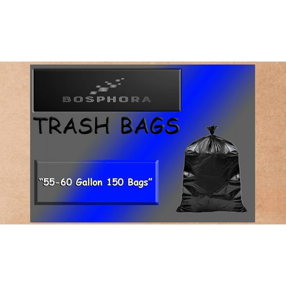 Trash Bags, 55 Gallon Trash Bags - Black Large Garbage Bags Extra Large Trash Bags, 50-60 Gallon Lawn Bags, Plastic Outdoor Yard Waste Bags, Lawn And Leaf Bags 150 Pcs BOSPHORA