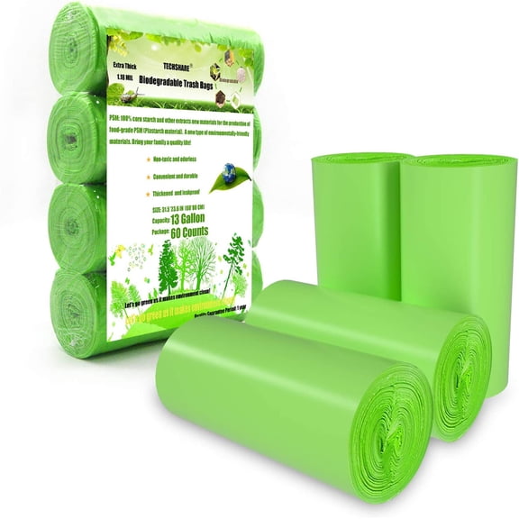 Trash Bags Biodegradable, Strong Rubbish Bags, Trash bags Recycling & Degradable Garbage Bags, Compostable Bags (Green, 13 Gallon)