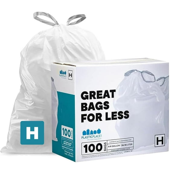 Compatible with Code H, 8-9 Gallon Trash Can Liners, White Drawstring Garbage Bags, 100 Count Heavy Duty