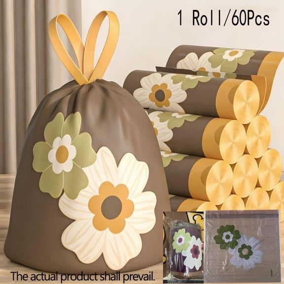 Trash Bags Kitchen, Decorative Daisy Printed Drawstring Trash Bags, Tall Kitchen Bags 18X18 Inch Large Trash Bags, 60 Count Tall Garbage Bags Kitchen Pack, Smooth No-Break Single